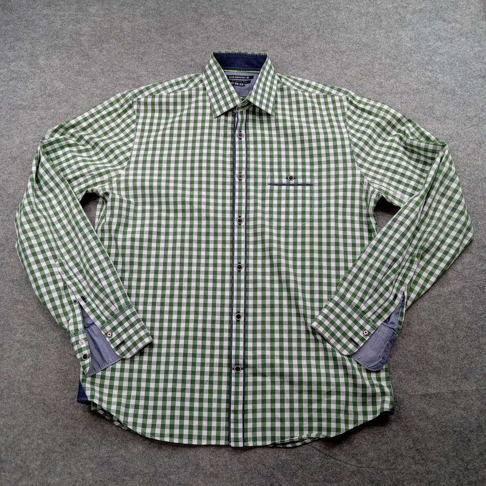 Blue Industry Shirt Mens 41 Large Green White Gingham Check‎ Long Sleeve